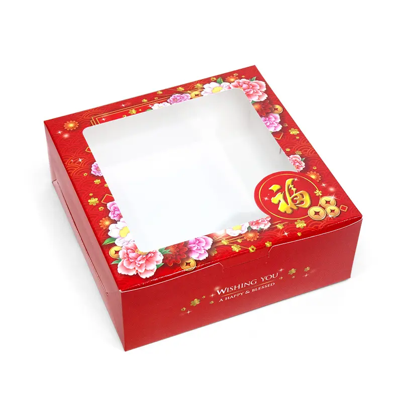 BK85W-012 กล่องทรงแบน ลายจีน 15.5×15.5×6 ซม. ดอกเหมยชมพู (20กล่อง)