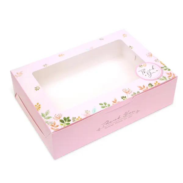 BK86W-007 กล่องใส่ขนมทรงแบน 22×15×6.2 ซม. พื้นชมพูใบไม้ หนา300แกรม(20กล่อง)