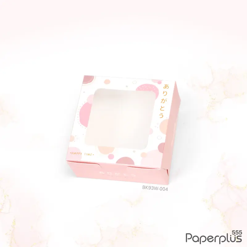 BK93W-004 กล่องบราวนี่ทรงสูง 9×9×4 ซม. ลายวงกลมชมพู ( 20กล่อง) แถมสตก