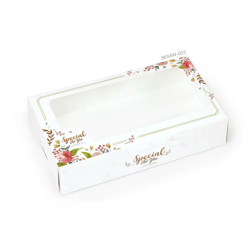 BK94W-003 กล่องขนมทรงแบน 10×18×4 ซม. ขาวหินอ่อน (20กล่อง)