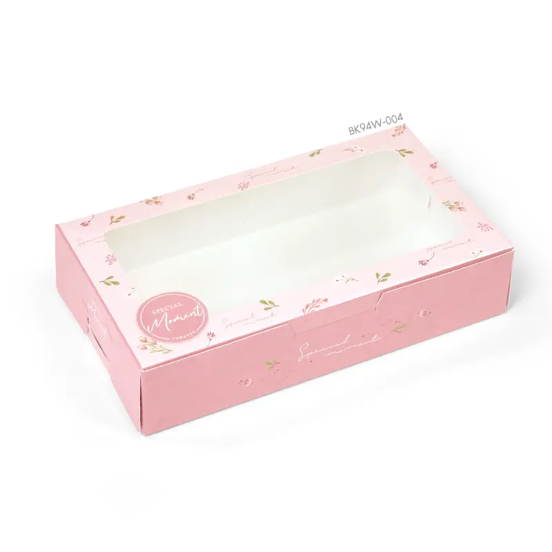 BK94W-004 กล่องขนมทรงแบน 10×18×4 ซม. ใบไม้ชมพู  (20กล่อง)