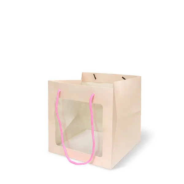 GD142-001-PI ถุงหิ้ว-ถุงกระดาษ สีชมพู เจาะหน้าต่าง 20 × 20 × 20 ซม.
