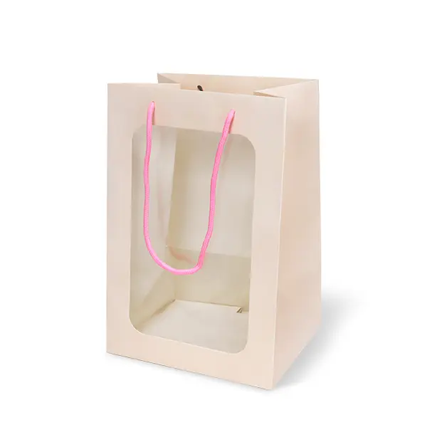 GD142-002-PI ถุงหิ้ว-ถุงกระดาษ สีชมพู เจาะหน้าต่าง 30 × 20 × 16 ซม.