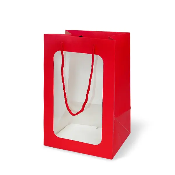 GD142-002-RD ถุงหิ้ว-ถุงกระดาษ สีแดง เจาะหน้าต่าง 30 × 20 × 16 ซม.