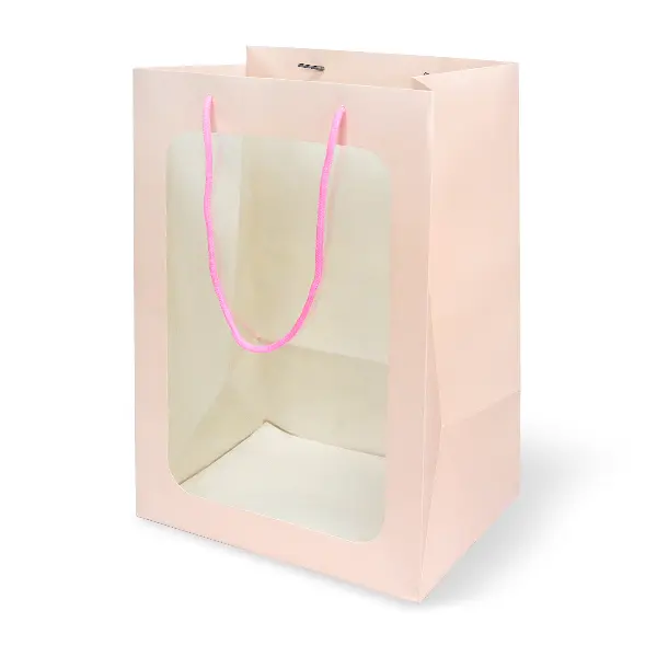 GD142-004-PI ถุงหิ้ว-ถุงกระดาษ สีชมพู เจาะหน้าต่าง 35 × 25× 18 ซม.