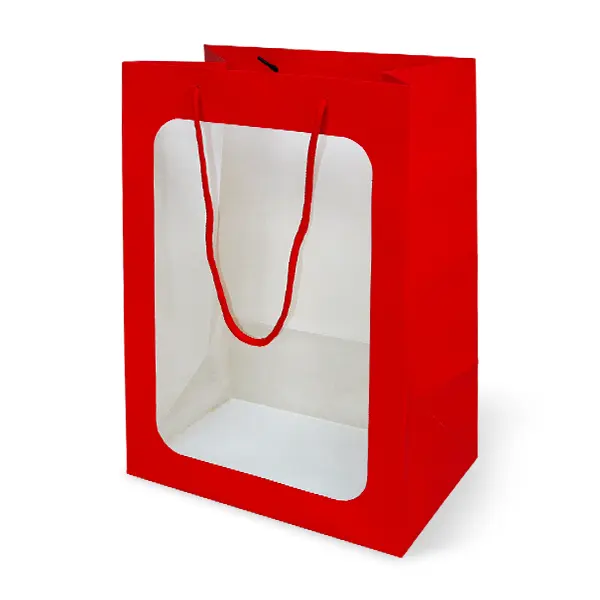 GD142-004-RD ถุงหิ้ว-ถุงกระดาษ สีแดง เจาะหน้าต่าง 35 × 25× 18 ซม.