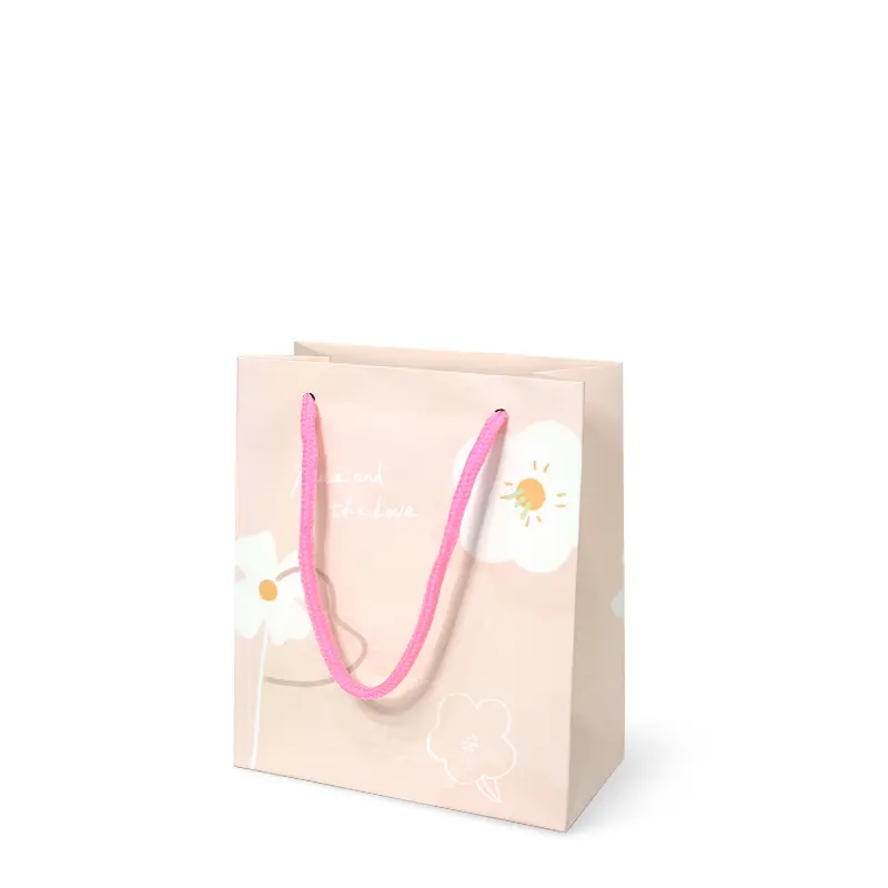 GD81-028 ถุงหูหิ้วของขวัญ 14.5 × 17 × 7.5 ซม. ลายดอกไม้ขาวพื้นชมพู