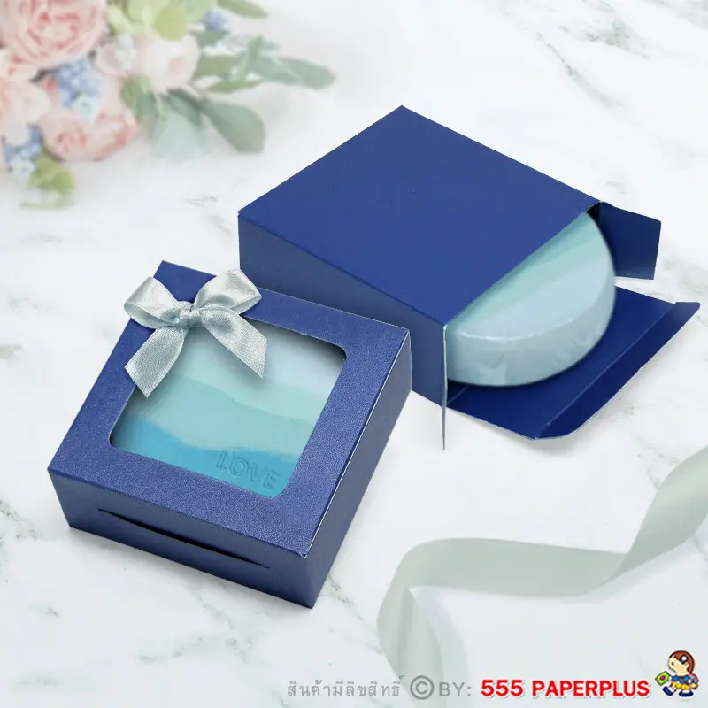 V036W-DB กล่องใส่สบู่ giftset 7.5×7.5×3ซม. เมทัลลิค สีน้ำเงิน หนา350แกรม(20กล่อง)
