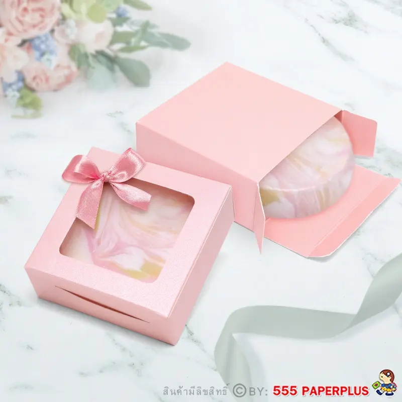 V036W-PI กล่องใส่สบู่ giftset 7.5×7.5×3ซม. เมทัลลิค สีชมพู หนา350แกรม(20กล่อง)