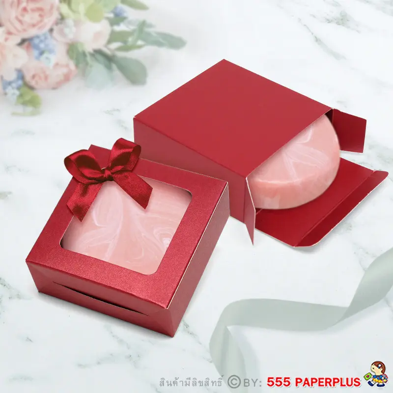 V036W-RD กล่องใส่สบู่ giftset 7.5×7.5×3ซม. เมทัลลิค สีแดง หนา350แกรม(20กล่อง)