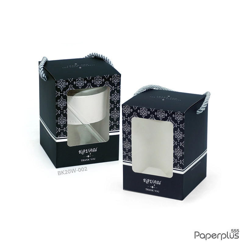BK20W-002 กล่องหูหิ้วใส่แก้ว 9×9×12.5 ซม.  ดำ ลายไทย (20กล่อง)
