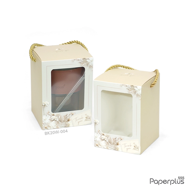 BK20W-004 กล่องหูหิ้วใส่แก้ว 9×9×12.5 ซม. ดอกไม้ขาว (20กล่อง)