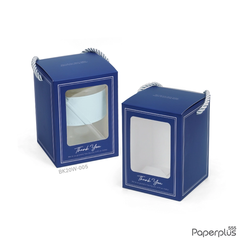 BK20W-005 กล่องหูหิ้วใส่แก้ว 9×9×12.5 ซม. น้ำเงินกรอบขาว (20กล่อง)
