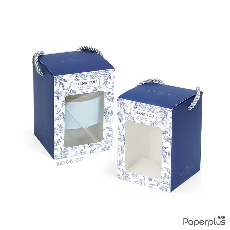 BK20W-007 กล่องหูหิ้วใส่แก้ว 9×9×12.5 ซม. น้ำเงินใบไม้ (20กล่อง)