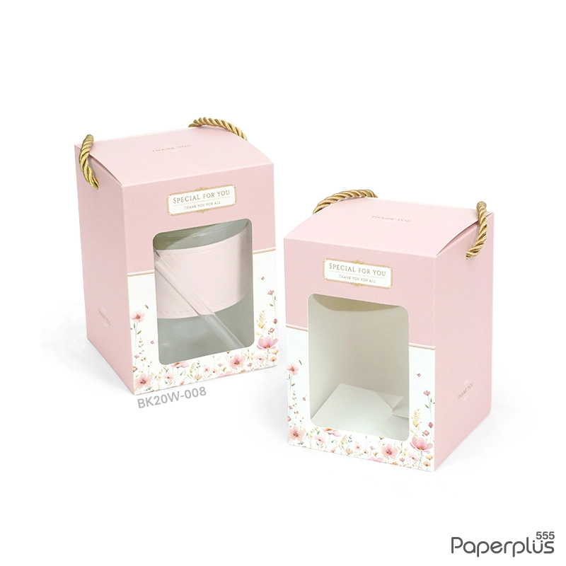 BK20W-008 กล่องหูหิ้วใส่แก้ว 9×9×12.5 ซม. ชมพูดอกไม้  (20กล่อง)