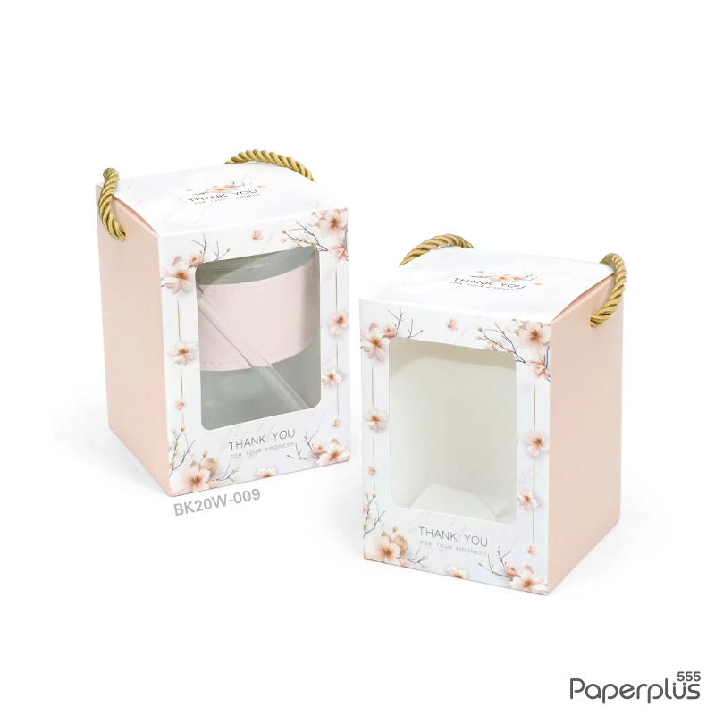 BK20W-009 กล่องหูหิ้วใส่แก้ว 9×9×12.5 ซม. ดอกไม้โอลด์โรส (20กล่อง)