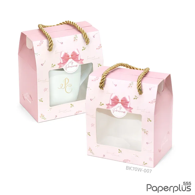 BK70W-007 กล่องหูหิ้ว 8.5 x 12 x 11.5 ซม. ดอกไม้สีชมพู (10กล่อง)