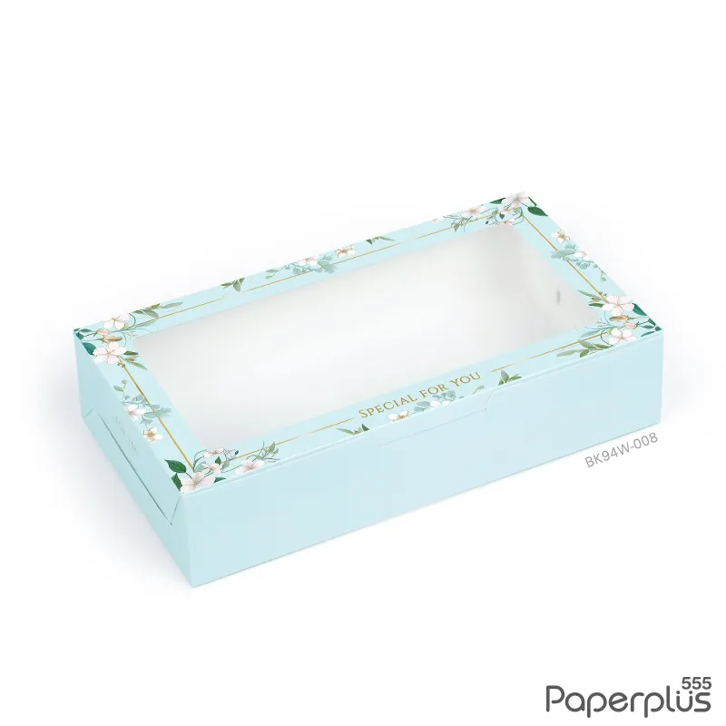 BK94W-008 กล่องขนมทรงแบน 10×18×4 ซม. ดอกไม้สีฟ้า (20กล่อง)