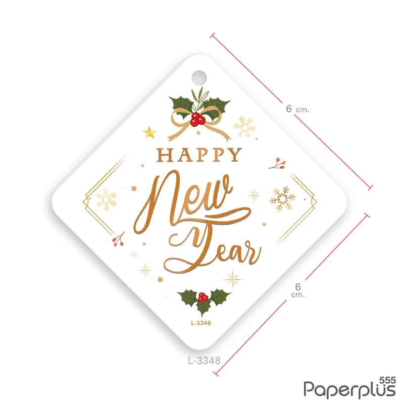 L-NY-3348 Tag จัตุรัส 6×.6 ซม. HNY เชอร์รี่หิมะทอง (50แผ่น)