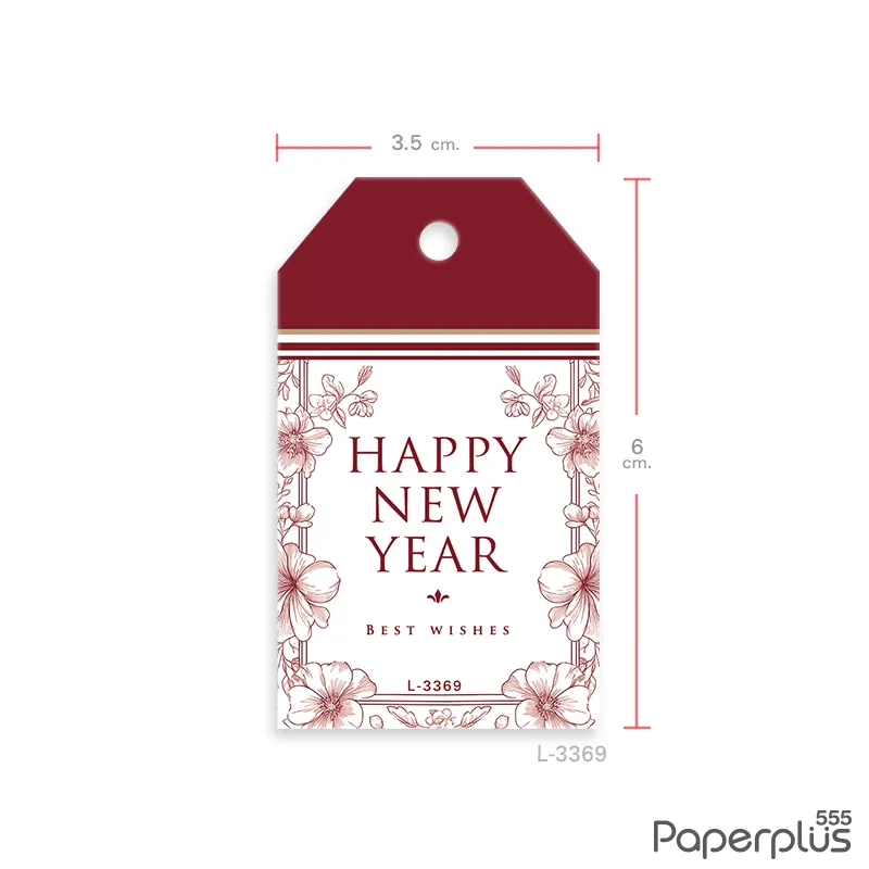 L-NY-3369 Tag ตัดมุม 3.5×6 cm. แดงเข้ม ดอกไม้เส้นแดง (50แผ่น)