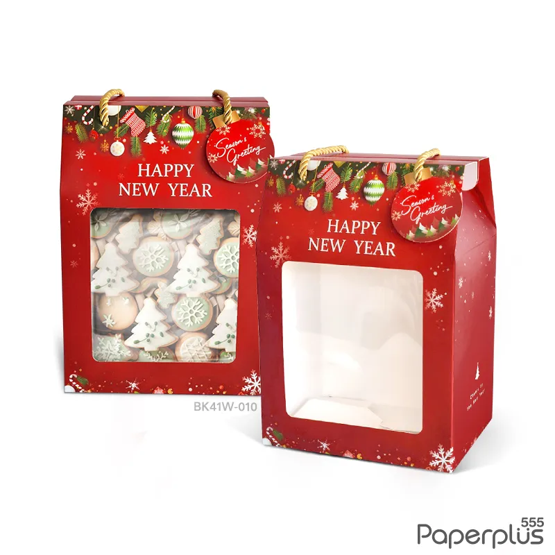 BK41W-010 กล่องคุกกี้ 1 kg.หูหิ้ว 12.7×17.3×22 ซม. บอลประดับ(10กล่อง)(NEW YEAR) แถมฟรี! Tag