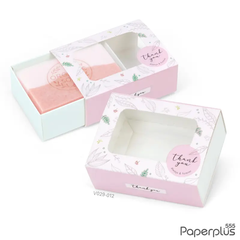 V029-012 กล่องฝาสไลด์ 5.5×7.5×2.6 ซม. ชมพูใบไม้เส้น หนา300แกรม(20กล่อง)