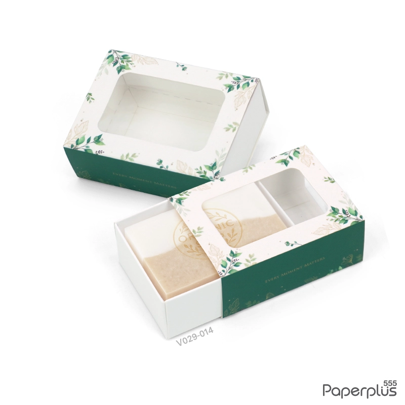 V029-014 กล่องฝาสไลด์ 5.5×7.5×2.6 ซม. ลายเขียวใบไม้ หนา300แกรม(20กล่อง)