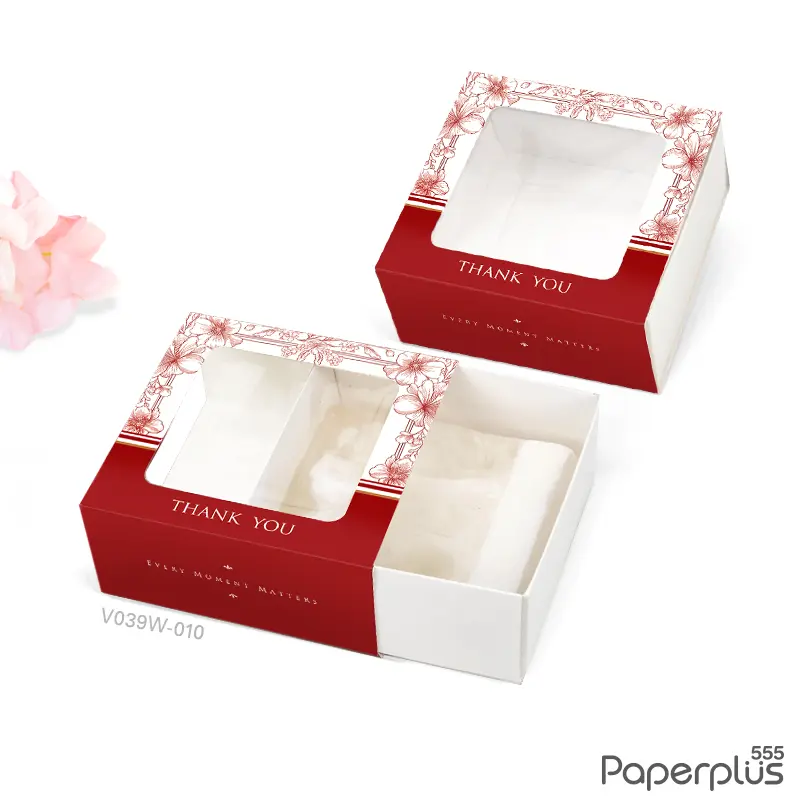 V039W-010 กล่องลิ้นชัก กล่องใส่สบู่ 7.5×7.5×3.5cm. แดงเข้ม ใบไม้เส้นแดง (20กล่อง) กระดาษหนา300แกรม