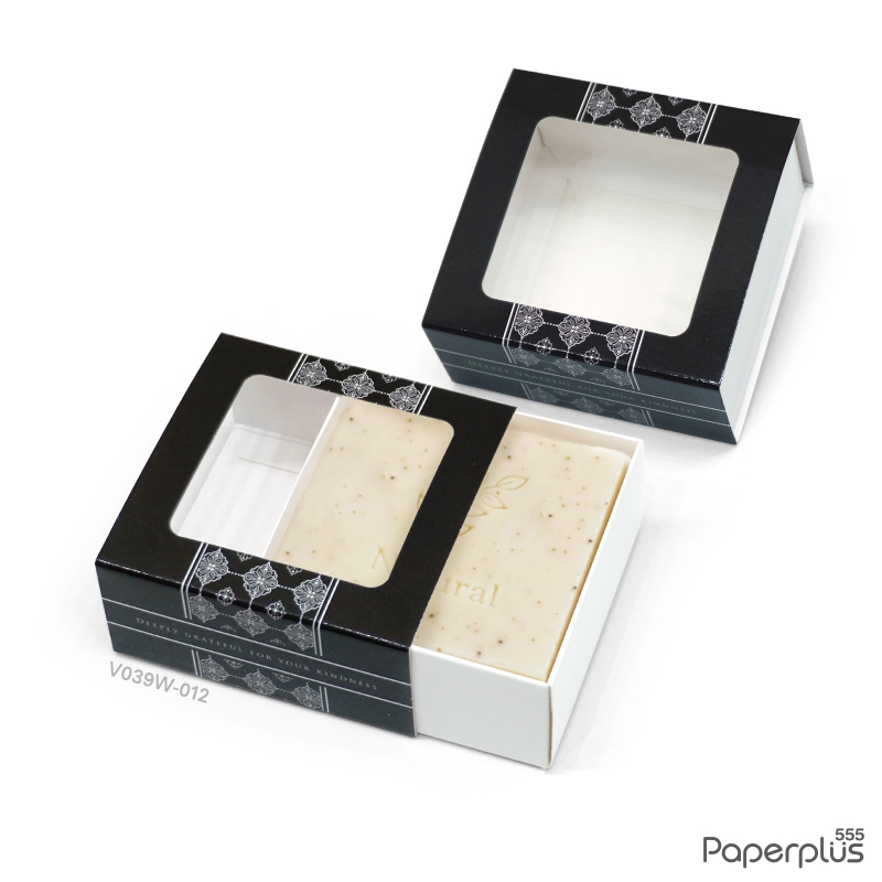 V039W-012 กล่องลิ้นชัก กล่องใส่สบู่ 7.5×7.5×3.5cm. ดำ ลายไทย (20กล่อง) กระดาษหนา300แกรม