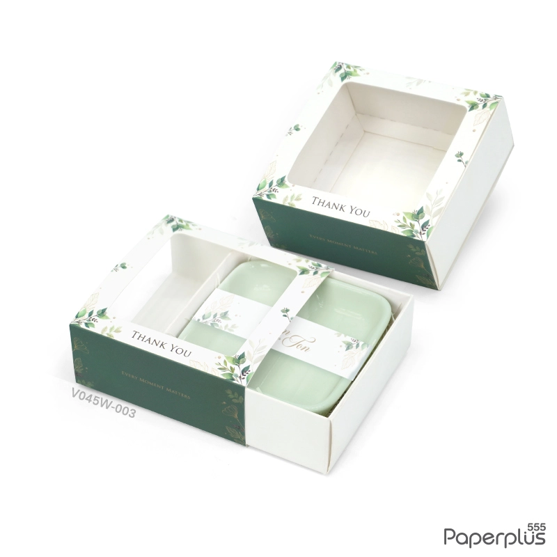V045W-003 กล่องฝาสไลด์ 9×9×3.5 ซม. ใบไม้สีเขียว (20กล่อง)
