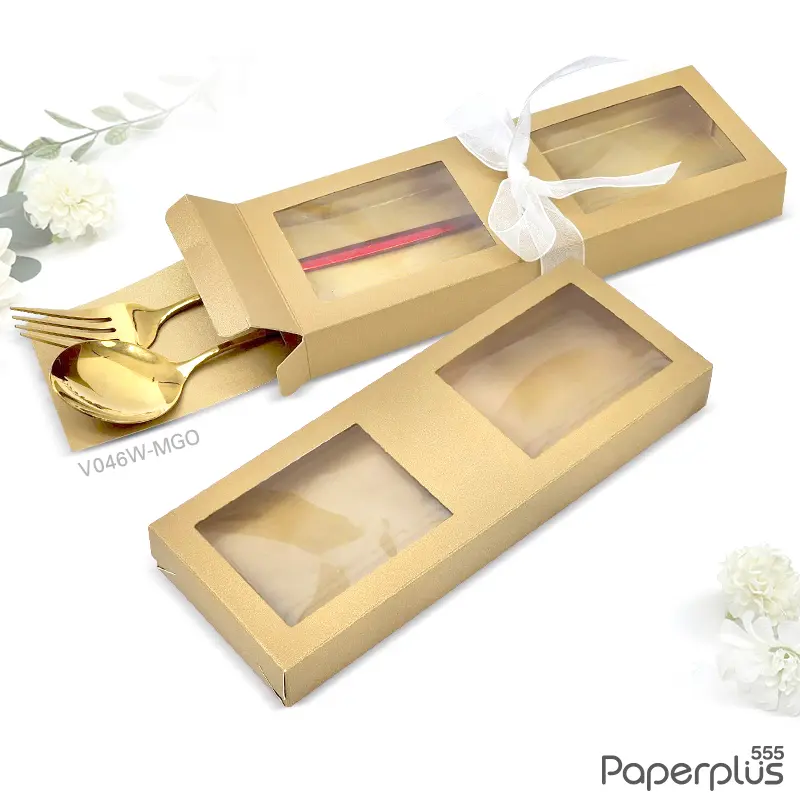 V046W-MGO กล่องใส่ช้อนส้อม+แผ่นรอง 8×21.5×2.5 cm. เมทัลลิค สีทอง หนา350แกรม (20กล่อง)