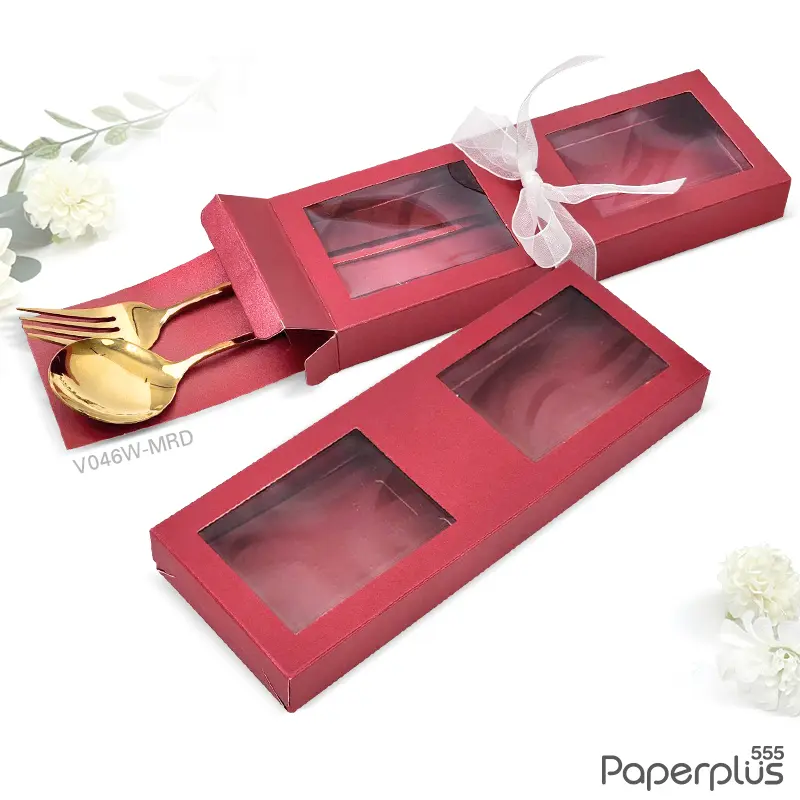V046W-MRD กล่องใส่ช้อนส้อม+แผ่นรอง 8×21.5×2.5 cm. เมทัลลิค สีแดง หนา350แกรม (20กล่อง)