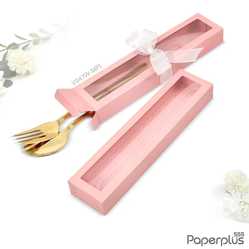 V047W-MPI กล่องใส่ช้อนส้อม 5×21.5×2.5 cm. เมทัลลิค ชมพู หนา250แกรม (20กล่อง)