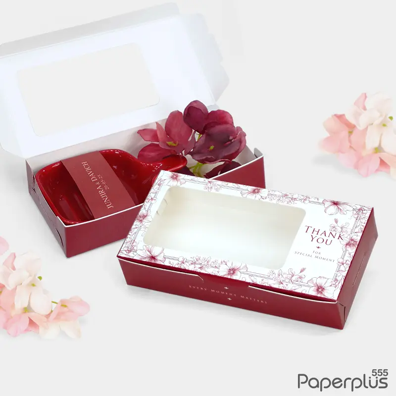 BK34W-048 กล่องบราวนี่ 2ชิ้น 15×7.5×3 ซม. แดงเข้ม ลายดอกไม้เส้นแดง (20กล่อง) กล่องgiftset