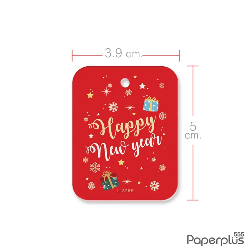 L-NY-3269 Tag HNY  3.9×5 cm. สี่เหลี่ยมขอบมนพื้นแดง กล่องของขวัญ (50แผ่น)
