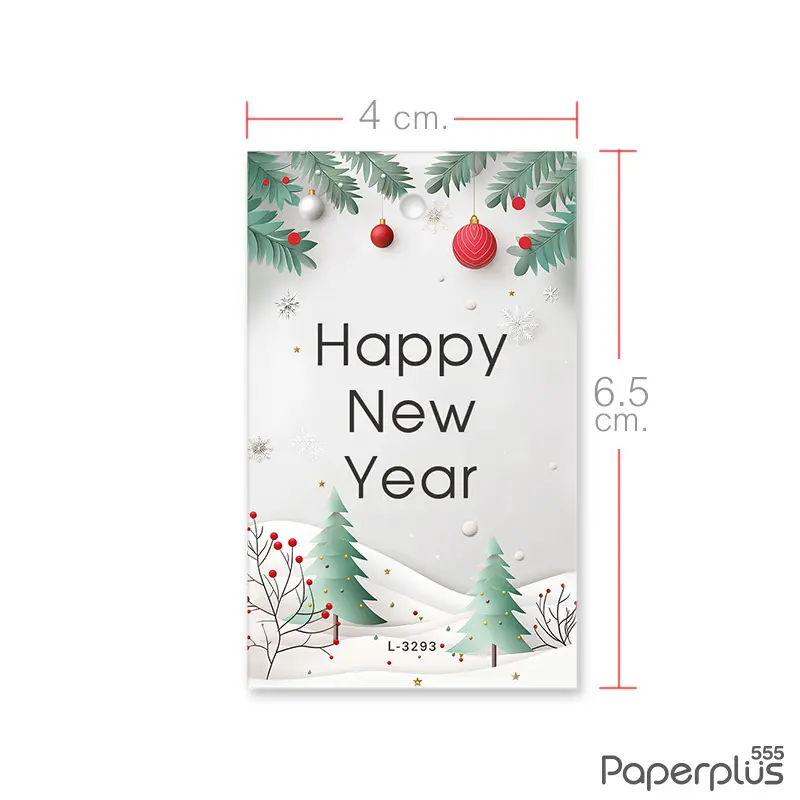 L-NY-3293 Tag ผืนผ้า 4 × 6.5 cm. HNY สนเขียวกระดิ่งแดง (50แผ่น)