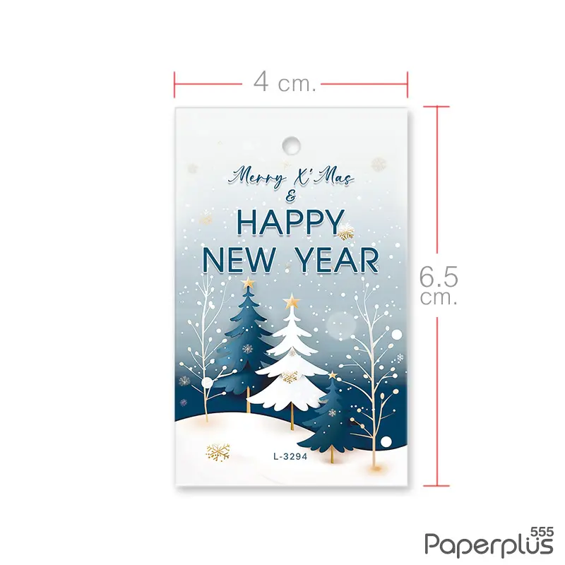 L-NY-3294 Tag ผืนผ้า 4 × 6.5 cm. HNY สนหิมะโปรยฟ้าคราม (50แผ่น)