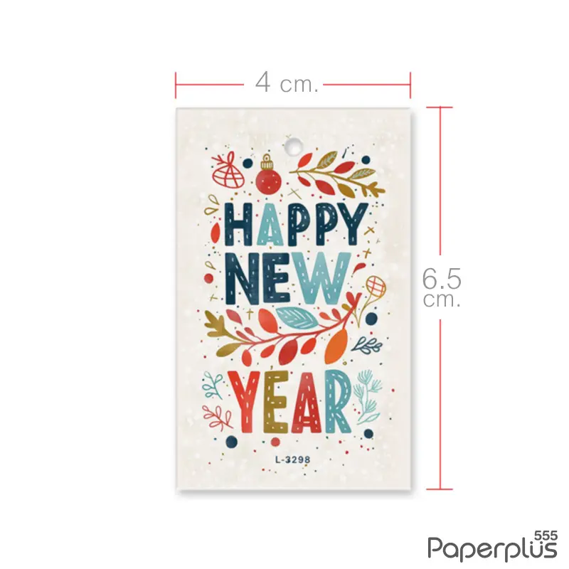L-NY-3298 Tag ผืนผ้า 4 × 6.5 cm. HNY สีขาวใบไม้แฟนซี (50แผ่น)