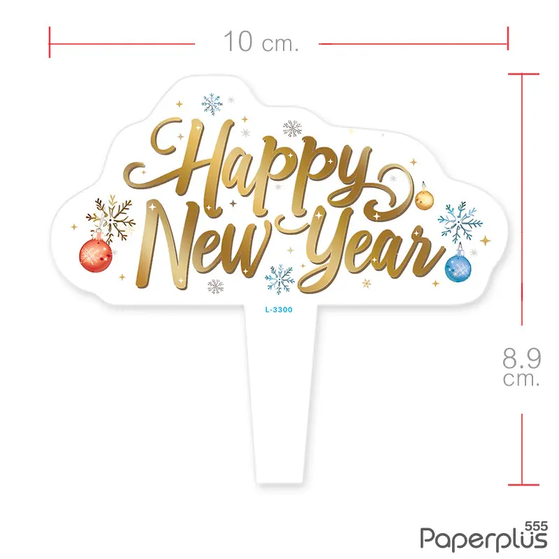 L-NY-3300 ป้ายปัก 10 × 8.9 cm. พื้นขาว HNY สีทองกระดิ่ง (20แผ่น)