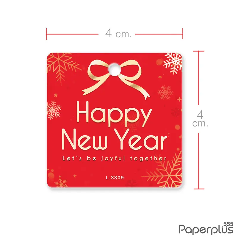 L-NY-3309 Tag จัตุรัส 4 × 4 cm. พื้นแดงโบว์ทอง (50แผ่น)