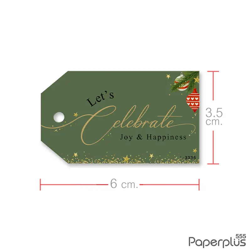 L-NY-3335 Tag ตัดมุม 3.5 × 6 cm. พื้นเขียวบอลประดับ (50แผ่น)