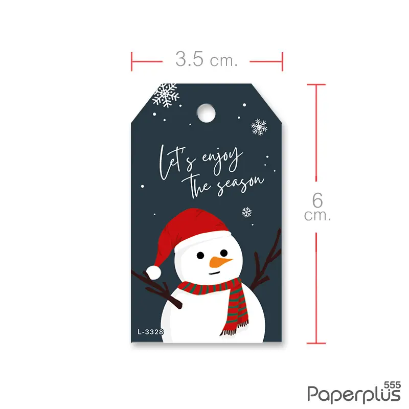 L-NY-3328 Tag ตัดมุม 3.5 × 6 cm. พื้นกรม Snow man (50แผ่น)